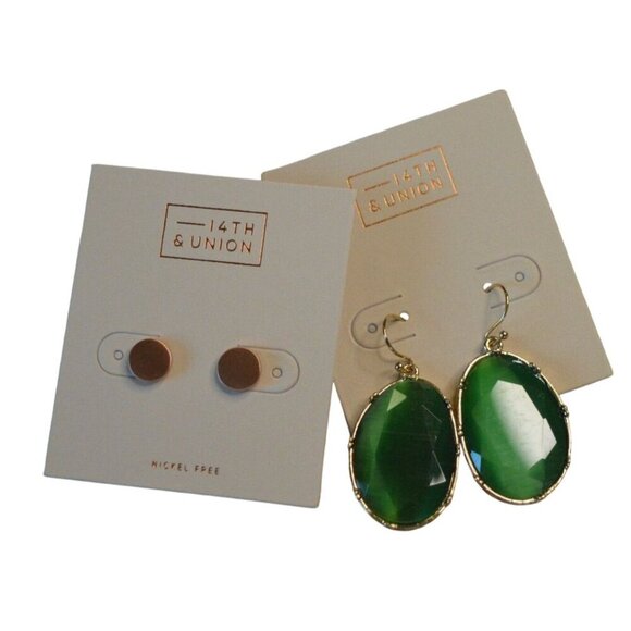 14th & Union Green Oval Drop Earrings & Gold-Toned Stud Earrings Set Nickel Free - Picture 1 of 7